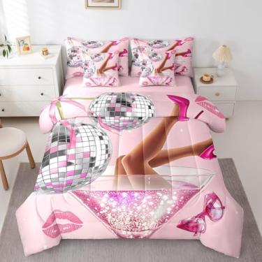 Imagem de Erosebridal Jogo de cama solteiro rosa com estampa de bola de discoteca, para adolescentes, meninas, retrô, com laço cereja dos anos 70, com lençóis, lábios, moderno, fantasia, moda, coquete estético
