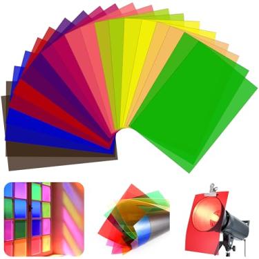Imagem de Pacote com 20 folhas de filtro de luz de gel, folhas de plástico colorido transparente tamanho A4, filtros de gel de luz para iluminação de estúdio de fotografia, luzes LED de palco, filme de farol