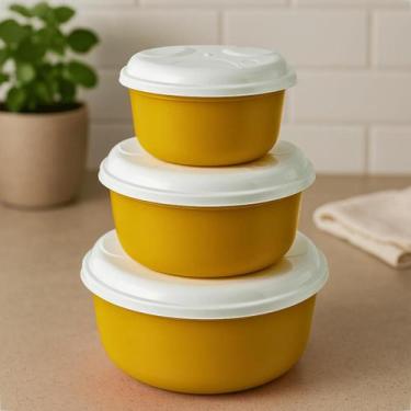 Imagem de Kit 3 Potes Plástico Redondos P M G Com Tampa Branca Trio Cozinha Orga