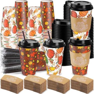 Imagem de Lallisa 100 conjuntos de xícaras de café de outono de Ação de Graças descartáveis 473 ml copos de papel com tampas, canudos, mangas de outono, abóbora de bordo para bebidas quentes e frias, bebendo