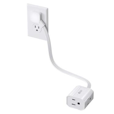 Imagem de Cabo de extensão SUPERDANNY mini tomada plana ultra ângulo reto de 0,5 m para espaços apertados, extensão interna com 3 tomadas, para eletrodomésticos de escritório, protetor contra surtos para