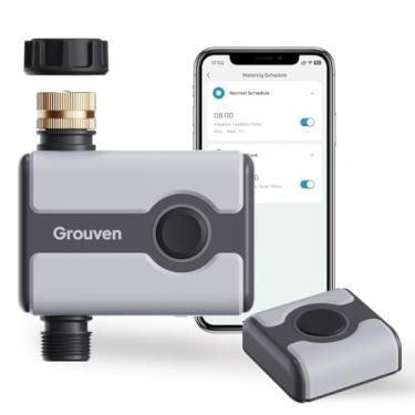 Imagem de Grouven Temporizador de irrigação WiFi, entrada de latão, temporizador de água para gramado e jardim ao ar livre, controle remoto via WiFi de 2,4 GHz e Bluetooth, fácil instalação da torneira, sistema