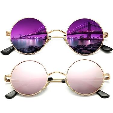 Imagem de AIEYEZO Óculos de sol redondos retrô para homens e mulheres óculos de sol polarizados modernos vintage pequenos óculos de sol redondos, Pacote com 2 (dourado/roxo espelhado + dourado espelhado), MM