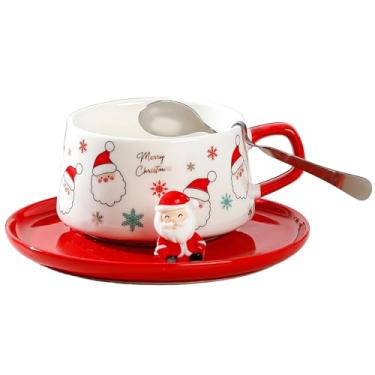 Imagem de J.Ehonace Conjunto de caneca e pires de café de cerâmica de Natal colorido com colher removível - Papai Noel, design de homem e estrela de gengibre, decoração de casa festiva e presente (Papai Noel)