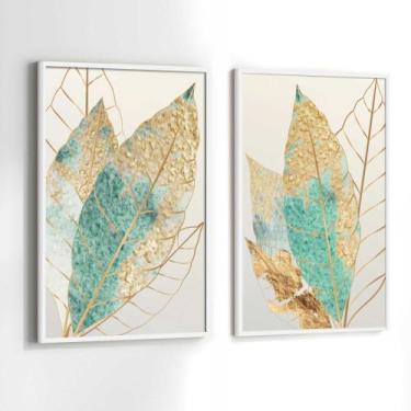 Imagem de Conjunto Quadros Decorativos com Moldura Folhas Verde e Dourada Kit 2 