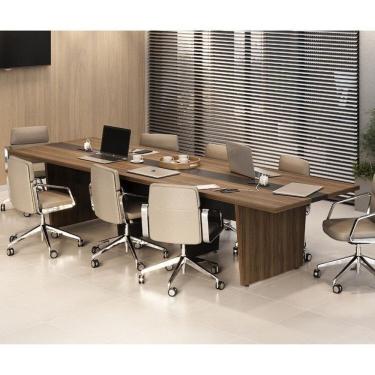 Imagem de Kit Mesa de Reunião Escritório com 2 Módulos P/extensão C/caixa de Tomada e Tampo em Tamburato 50mm Nogal/Preto