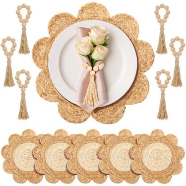 Imagem de Gandeer Conjunto de 6 jogos americanos redondos de vime de 35 cm com anéis de guardanapo de contas de madeira, tapetes de mesa de vime com borda recortada, tapetes de mesa de palha de fazenda boho