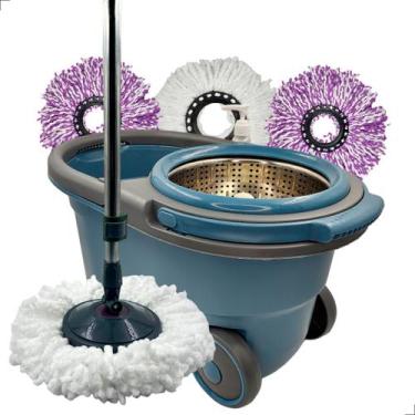 Imagem de Mop Giratório Cesto Inox Com Rodas 16L 3 Refis Limpeza Esfregão INMA E
