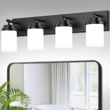 Imagem de LKHF Luminárias de banheiro de 4 luzes, luminária de LED moderna com sombra de vidro branco, luminárias de banheiro preto fosco sobre espelho, para espelho, sala de estar, armário, quarto, 68,5 cm