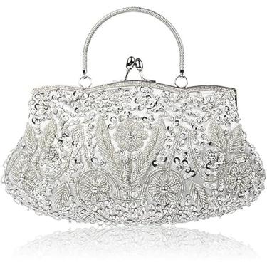 Imagem de EROUGE Bolsa para noite com design de lantejoulas e miçangas grande bolsa de mão, Prata, One Size