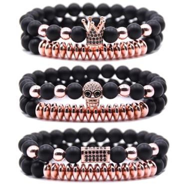 Imagem de HYHONEY Pulseira de contas micro pavê de zircão coroa rei 8 mm para homens e mulheres pulseira de casal preto natural fosco ônix contas de hematita elástico ajustável, One Size, Pedra, Zircônia