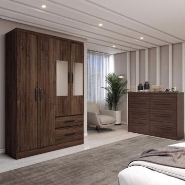 Imagem de Guarda-Roupa Solteiro Europa 4 Portas 2 Gavetas e Cômoda 6 Gavetas com Espelho Castanho - Panorama Móveis