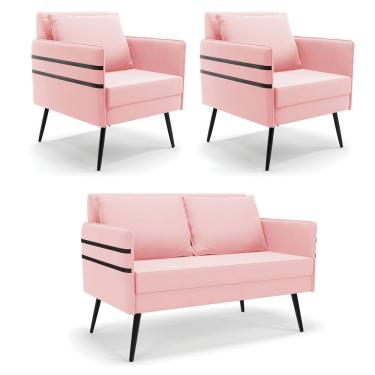 Imagem de Kit 01 Namoradeira E 02 Poltronas Suede Rosa Bebê