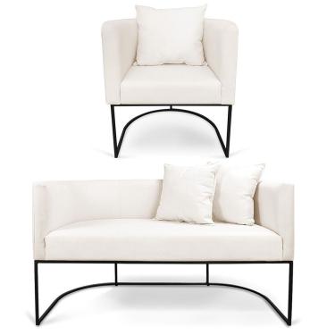 Imagem de Kit 01 Namoradeira 02 Lugares E 01 Poltrona Paola Linho Areia A27 Base Metálica Preto