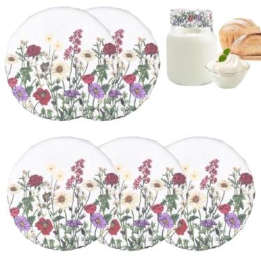 Imagem de CREATCABIN 5 peças de flores silvestres sourdough starter capa reutilizável de tigela de algodão tampas de pano para fermentação tigela de fermentação tampas elásticas de linho para potes de vidro