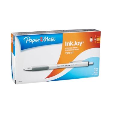 Imagem de Paper Mate Canetas esferográficas retráteis InkJoy 700RT, ponta média, corpo branco, tinta azul, caixa com 12