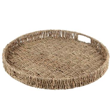 Imagem de Bandeja redonda para servir em vime grande com alças para mesa de centro, bandeja de alga marinha natural de 45,7 cm