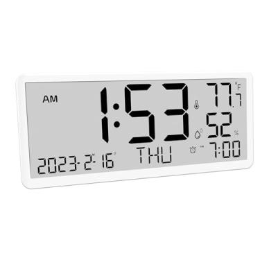 Imagem de ZLHETWT Relógio de parede digital grande, relógio de parede com visor grande, relógio digital com tela LCD alimentado por bateria com alarme de temperatura e umidade para escritório em casa (branco)