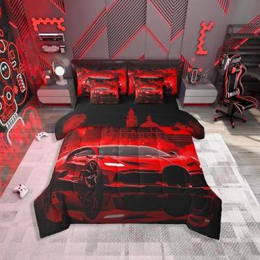 Imagem de jejeloiu Conjunto de edredom infantil de carro de corrida com lençol de solteiro, para decoração de quarto de meninos e meninas, vermelho, moderno, em uma bolsa, microfibra leve e macia