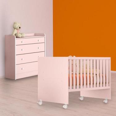 Imagem de Quarto Infantil Berço Reto e Cômoda Trocador Rosa - Qmovi