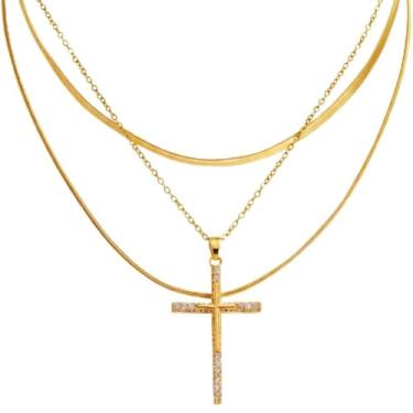 Imagem de FRHDJS Colar de cruz banhado a ouro 14K para mulheres, colar com pingente de cruz de zircônia cúbica, pingente de girassol dourado, novo colar para presente, 17, Zinco, Sem Pedra Preciosa