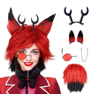 Imagem de Peruca de cosplay FantaLook média vermelha e preta com chifres, orelha