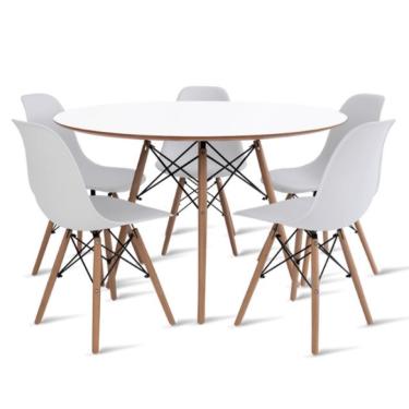 Imagem de Conjunto de Mesa de Jantar Eames Eiffel Redonda 110cm Tampo de Madeira Branco com 5 Cadeiras Brancas