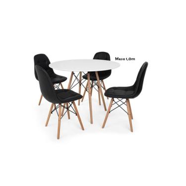 Imagem de Conjunto de Mesa de Jantar Eames Eiffel Redonda 100cm Tampo de Madeira Branco com 4 Cadeiras Pretas