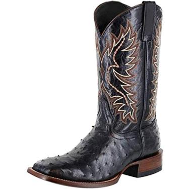 Imagem de Bigfanshu Botas masculinas bordadas com estampa de avestruz cano médio moda salto grosso étnico bico quadrado caubói botas masculinas mocassins sem cadarço cano baixo botas chukka, Preto, 41 BR G
