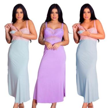 Imagem de Kit 3 Camisolas Longas Amamentação Gestante Recorte Lateral Maternidad