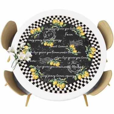 Imagem de Toalha de mesa redonda Farm Lemon com borda elástica, capa de mesa impermeável para uso interno e externo, cozinha, festa, preto e branco, xadrez, vintage, 91,4 a 111,8 cm
