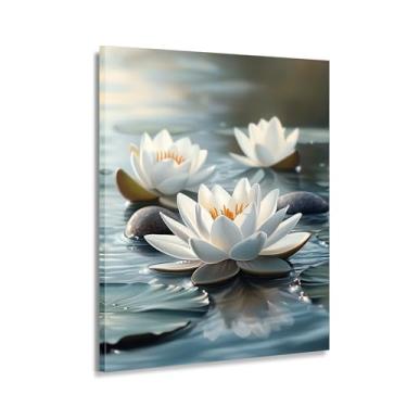 Imagem de CANLUNTE Arte de parede Flores de lótus Pedras na Água Imagens Impermeável Ioga e Meditação Zen Tela para Impressões Decoração de Banheiro Home Spa Arte HD Print (arte 3,1 cm x 91,4 cm com moldura