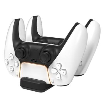 Imagem de Base de Carregamento Dupla para Controles PS5, Plástico ABS, Branco e Preto, Carregamento Simultâneo, 2 Portas USB-C, Proteção Contra Sobrecarga, LED Indicador