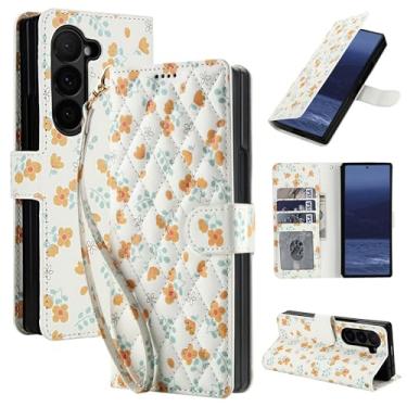 Imagem de Capa carteira para Samsung Galaxy Z Fold 5 com alça de pulso removível - couro sintético e TPU, fecho magnético, 3 compartimentos para cartão, bolso para dinheiro, suporte, à prova de choque, estampa