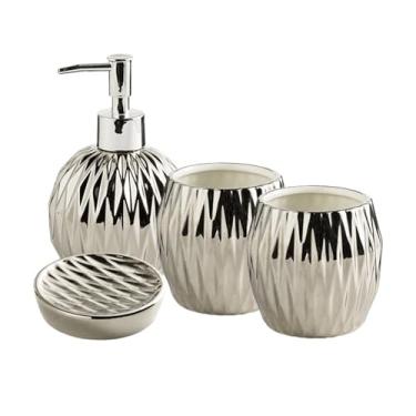 Imagem de Dispensador de sabão Conjunto de 5 peças cerâmica leve e luxuosa para banheiro, incluindo dispensador sabonete, copo para enxaguatório bucal saboneteira(Silver)