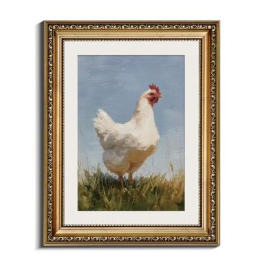 Imagem de InSimSea Arte de parede retrô emoldurada em ouro, arte de impressão em tela de galinha rústica, decoração de prateleira pequena, 28 x 35 cm, decoração de pintura de casa de fazenda francesa para sala