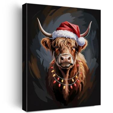 Imagem de Arte de parede de vaca alta vintage emoldurada de vaca highland com estampa de chapéu de Papai Noel 20 x 25 cm inverno escuro Academia Canvas Poster imagens de Natal decoração de parede decoração de