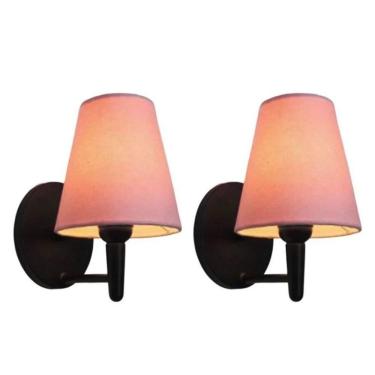 Imagem de Kit-2 Arandela Cone Md-2004 Base Preto Cúpula Em Tecido 14-14x07cm Rosa Tela - Bivolt