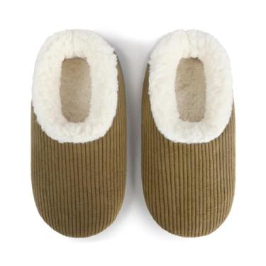 Imagem de Snoozies Pantufas femininas de veludo cotelê com palmilha de espuma viscoelástica, forradas com sherpa, antiderrapantes, Verde oliva, Small