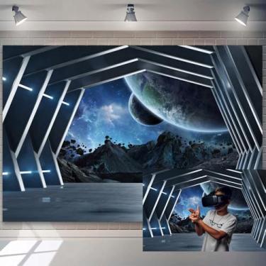Imagem de Cenário de nave espacial explorando o futuro tema ficção científica fotografia fundo cabine universo planeta espaço sideral estação espacial sala papel de parede decoração crianças adultos cabine