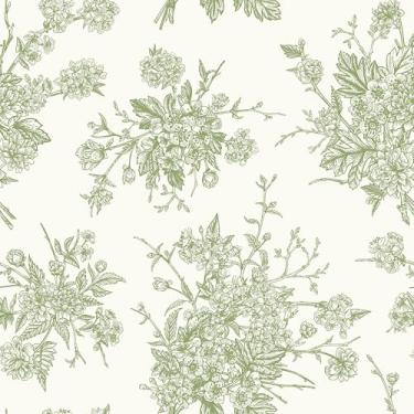Imagem de Skyblur Papel de parede floral vintage verde sálvia descasque e cole creme papel de contato floral francês papel de parede de flor neutra removível para armários de quarto, forros de prateleira, papel