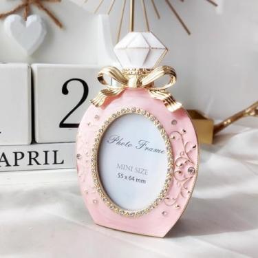 Imagem de IELEPHONIX Mini porta-retrato de metal em forma de frasco de perfume, decoração de mesa vintage pequena, ideal para exibir fotos, ótima para aniversários ou feriados (rosa)