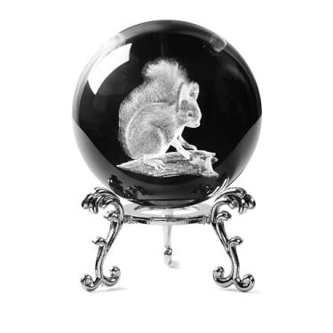 Imagem de JFTOSALE Bola de cristal esquilo 3D de 60 mm, peso de papel, bolas decorativas de vidro com suporte, decoração de presente para mesa de casa