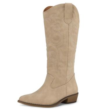 Imagem de mysoft Botas femininas caubói cano médio vaqueira bordada, bico fino, salto grosso, sem cadarço, cano alto, Cáqui claro, 35