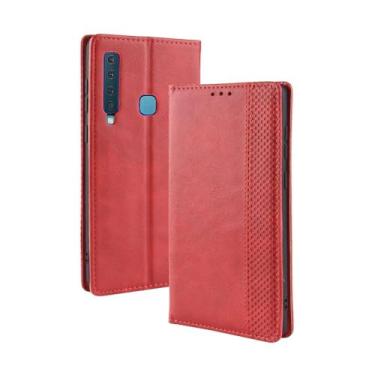 Imagem de Capa para Samsung Galaxy A9 2018,Retro Flip magnético,Caso de telefone de couro PU,Design de carteira com 3 slots de cartão e 1 clipe de dinheiro -Red