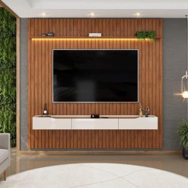 Imagem de Painel Para Tv Até 85 Polegadas 2,50m Ripado Autêntico Com Led Montreal Com Nicho Efraín Madeirado/off White