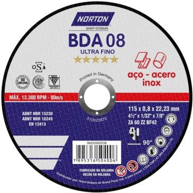 Imagem de Disco De Corte Com Depressão Central Bda 08 115x0,8x22,23mm - 66252920338 - Norton