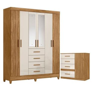 Imagem de Guarda Roupa Solteiro Aruba Com Espelho E Cômoda Vênus Freijó Off White – Moval