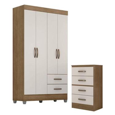 Imagem de Guarda Roupa Solteiro 4 Portas E Cômoda 4 Gavetas Lite Nature Off White – Móveis Leão