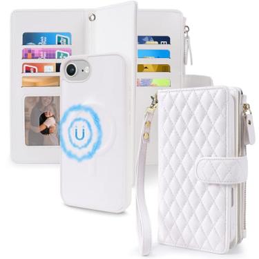 Imagem de Capa carteira magnética 2 em 1 para iPhone 16 Pro Max compatível com suporte para cartão com bloqueio de RFID Magsafe, capa de telefone removível com zíper e alça de pulso para homens e mulheres 17.5